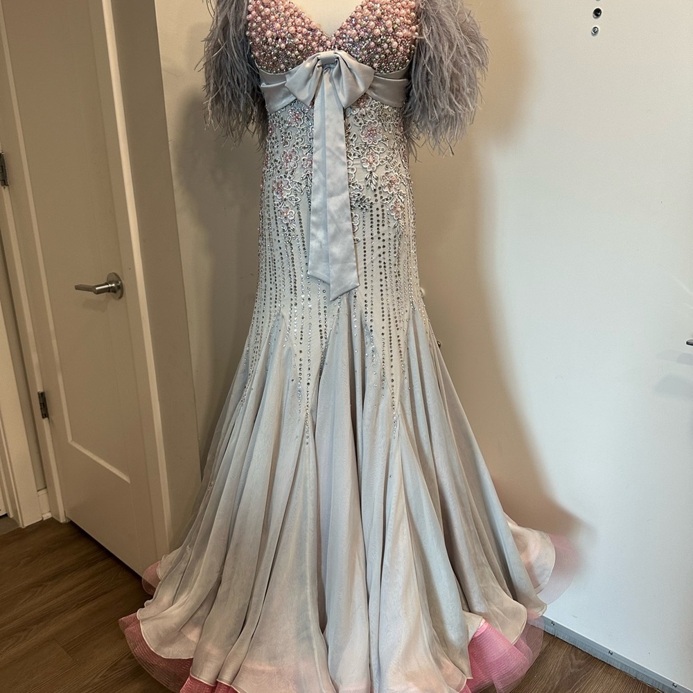 Swarovski Elegant Gray and Pink Evening Ballroom gala Gown, S/M